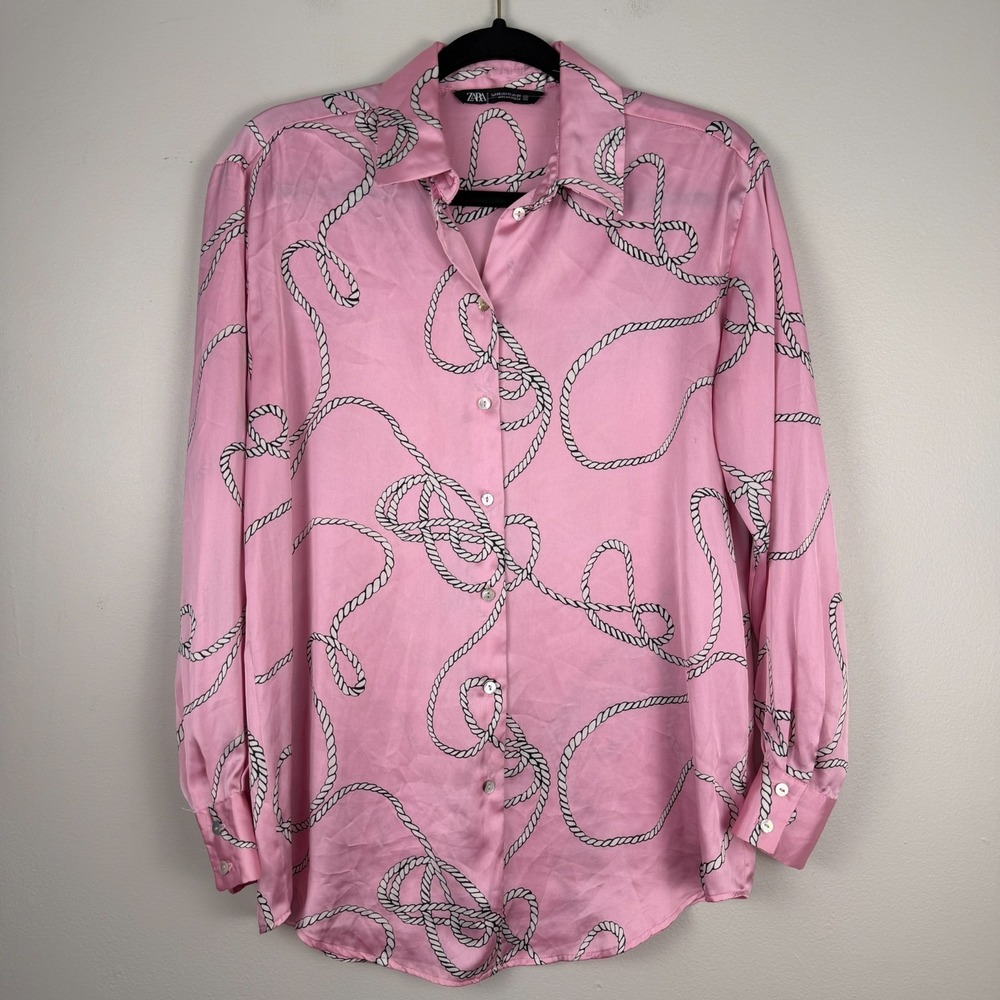 Zara Shirt Top Women XS Pink Satin Chain Rope Print Long Sleeve Button-Up Career